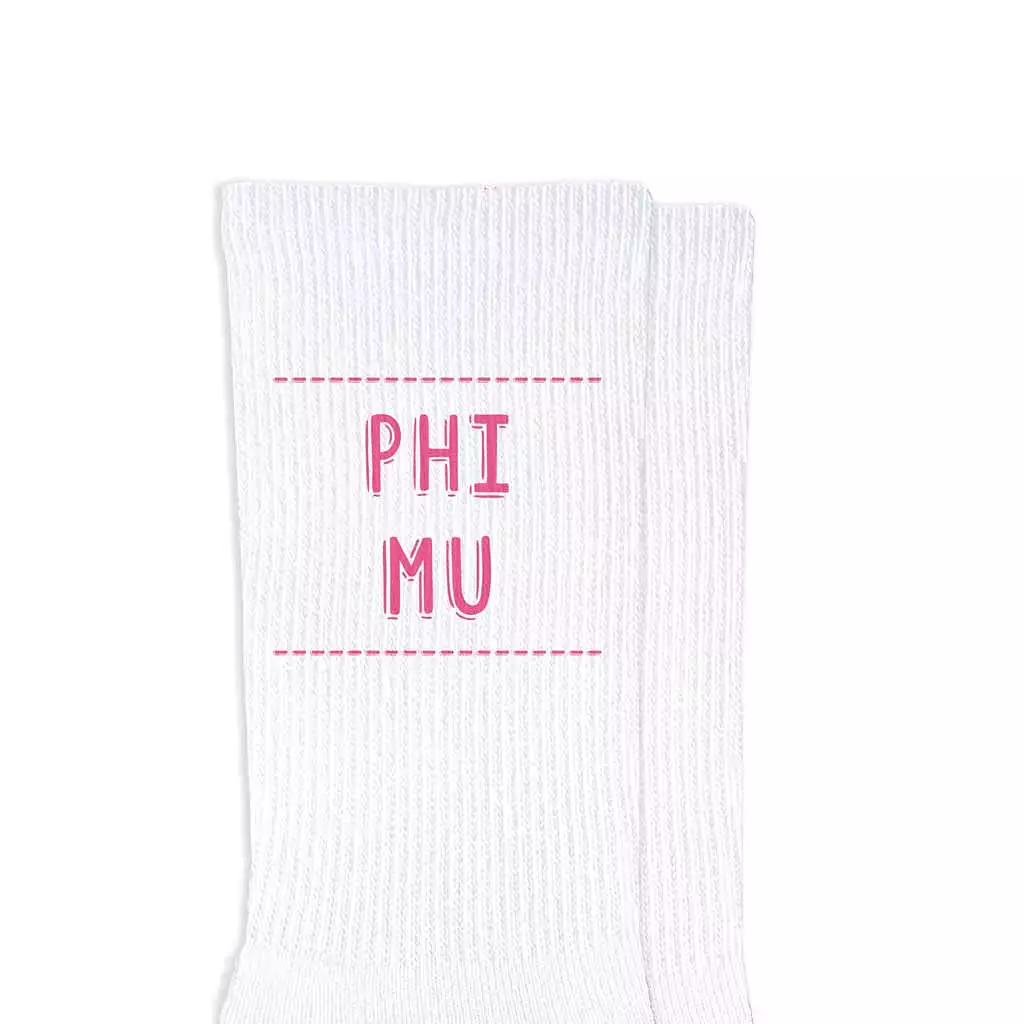 Phi Mu Crew Socks with Phi Mu Name in Sorority Colors