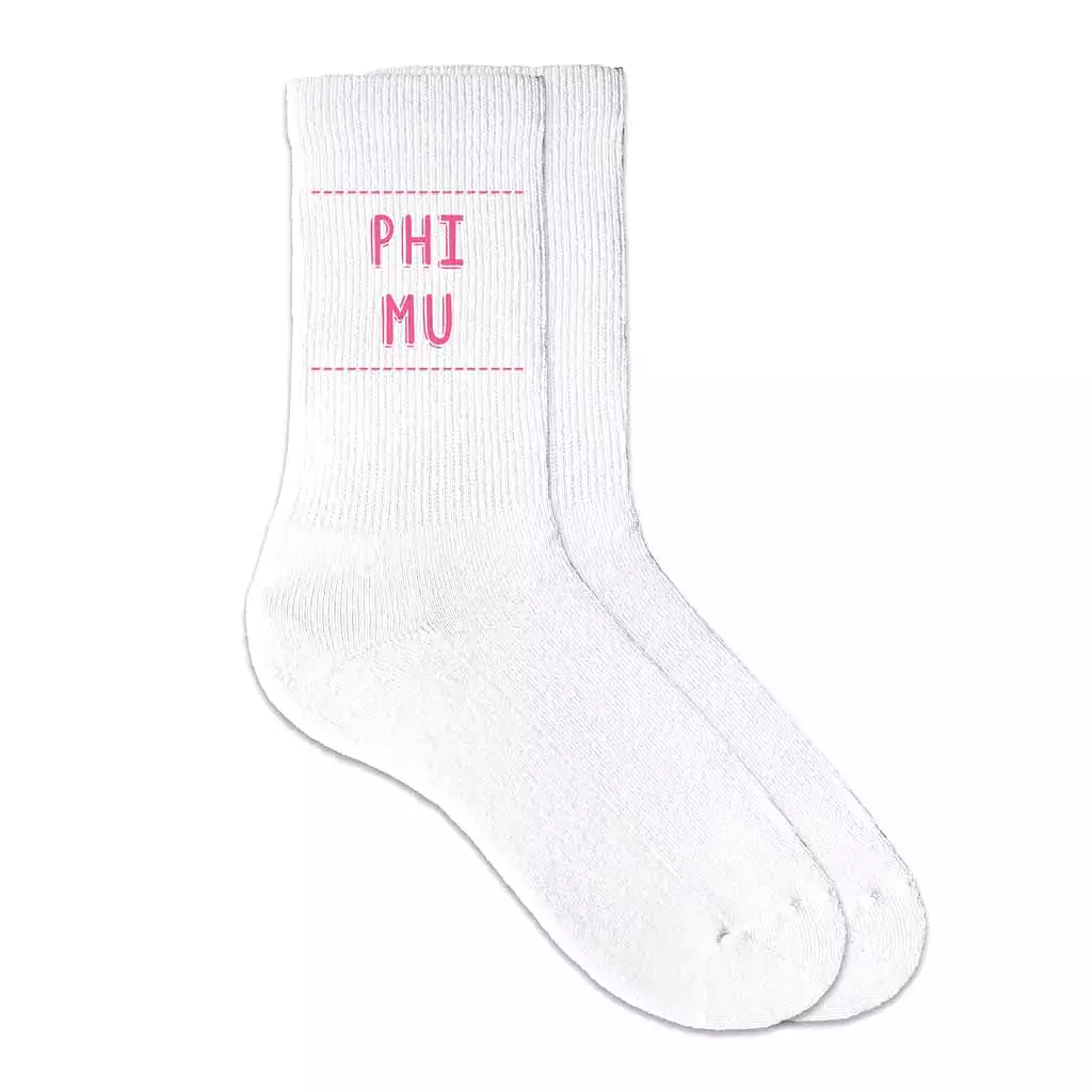 Phi Mu Crew Socks with Phi Mu Name in Sorority Colors