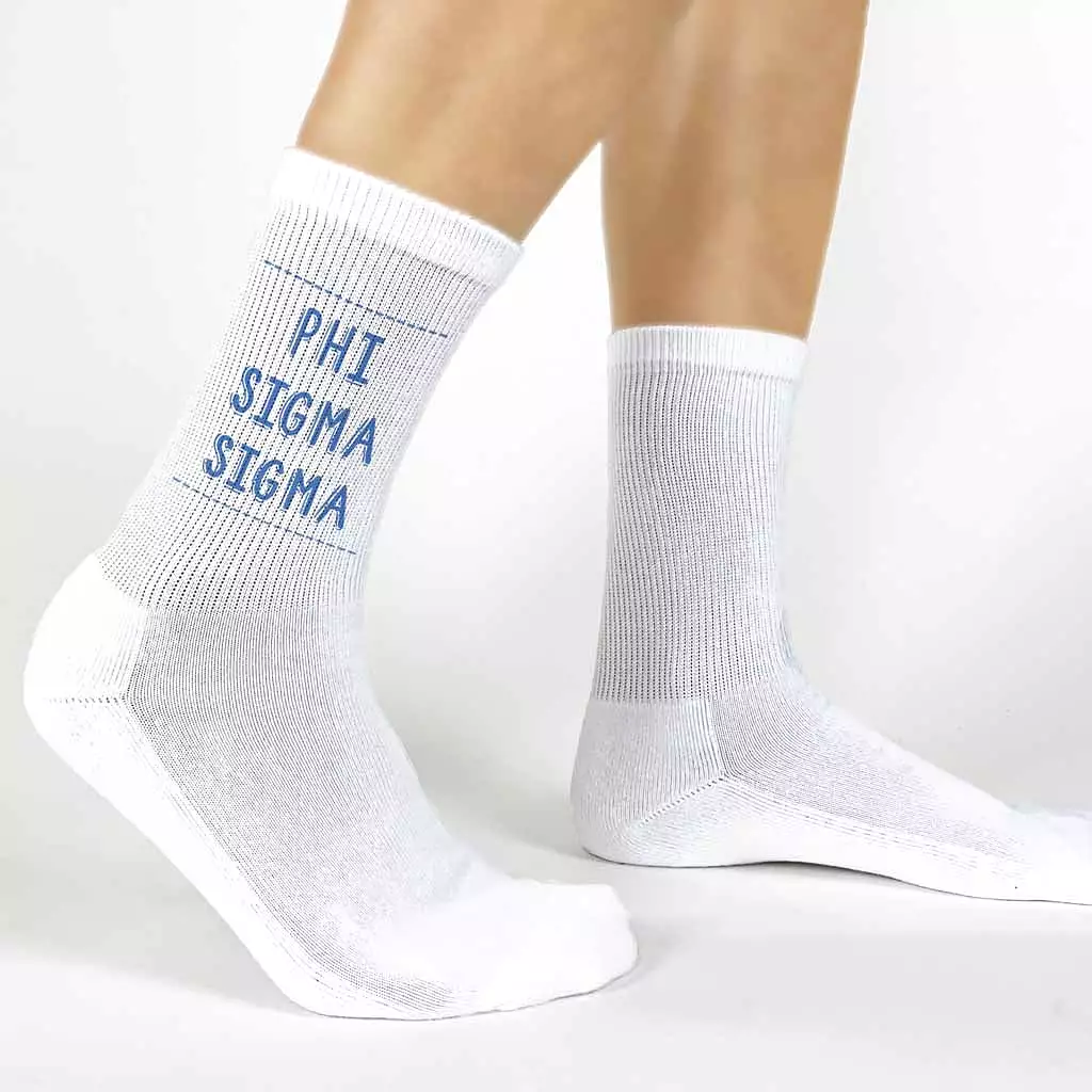 Phi Sigma Sigma Crew Socks with Phi Sigma Sigma Name in Sorority Colors