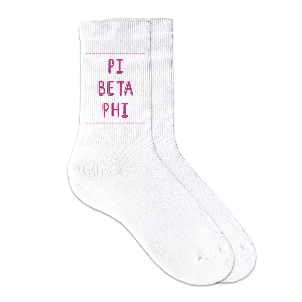 Pi Beta Phi Crew Socks with Pi Beta Phi Name in Sorority Colors