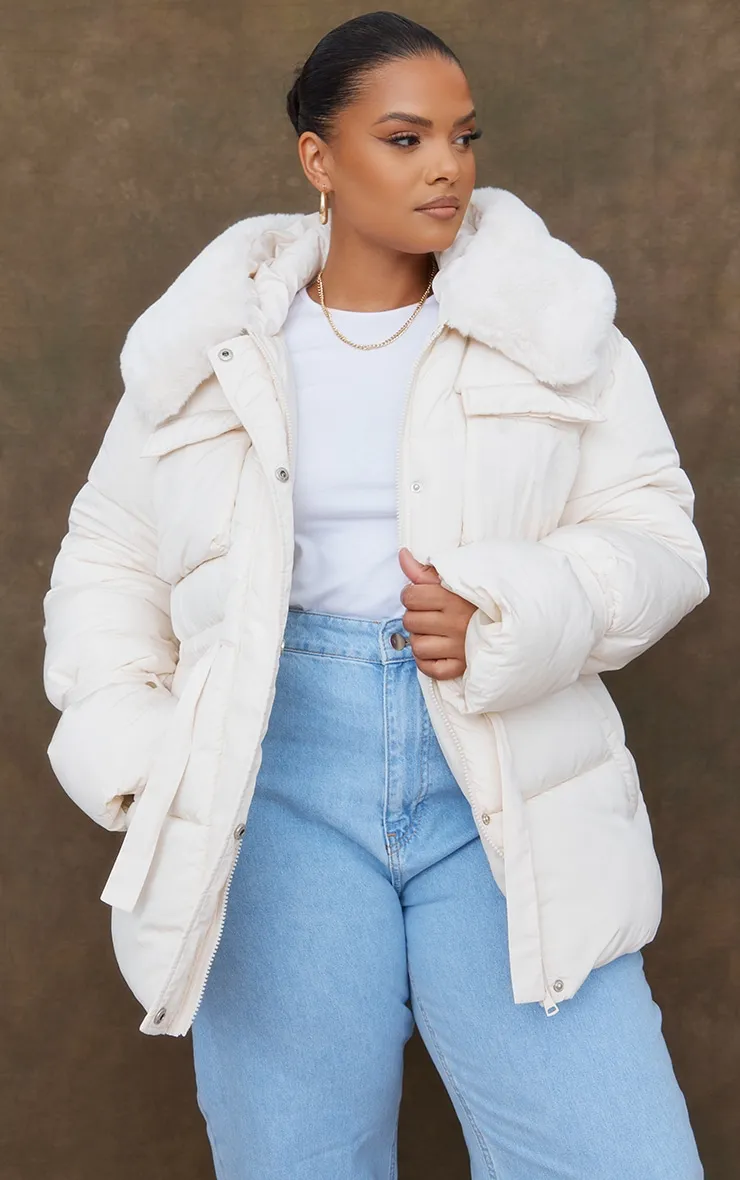 Plus Cream Peter Pan Collar Cinched Waist Puffer