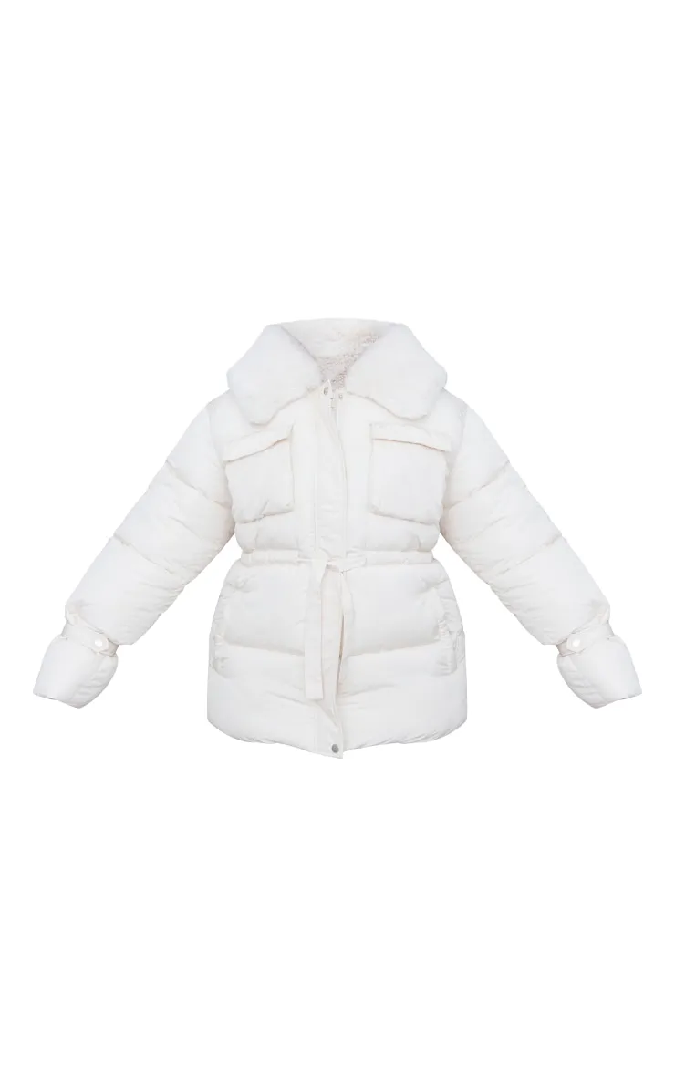 Plus Cream Peter Pan Collar Cinched Waist Puffer