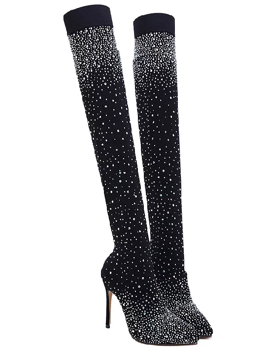 Rhinestone Pointed High Heel Over the Knee Boots