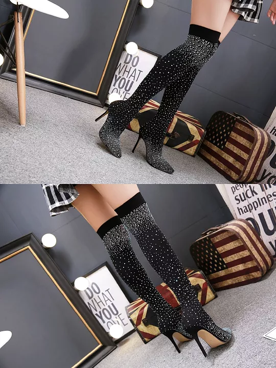 Rhinestone Pointed High Heel Over the Knee Boots