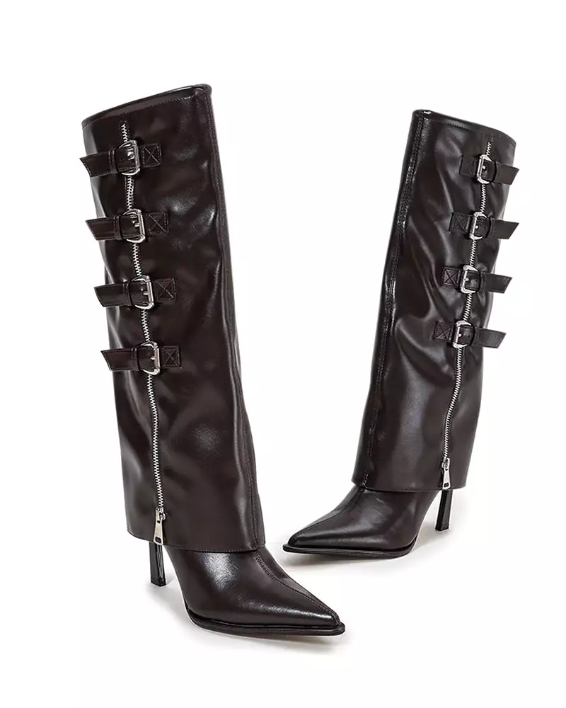 Side Zipper Knee High Fold Over Stiletto Heel Boots