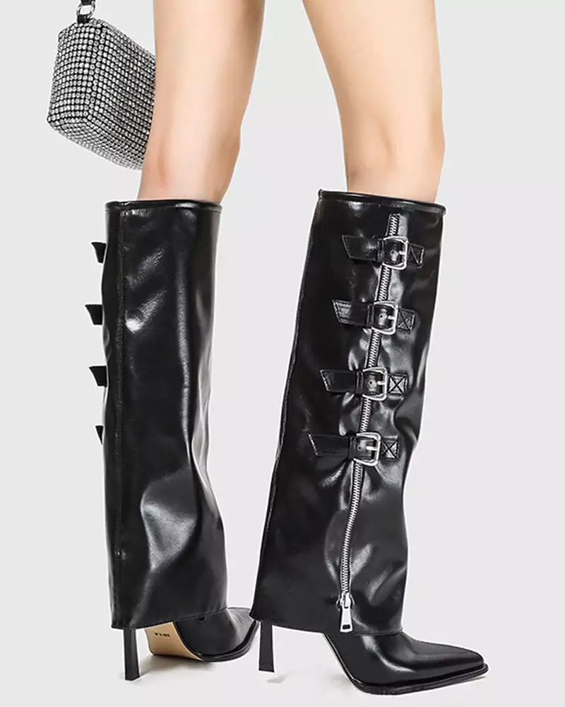 Side Zipper Knee High Fold Over Stiletto Heel Boots