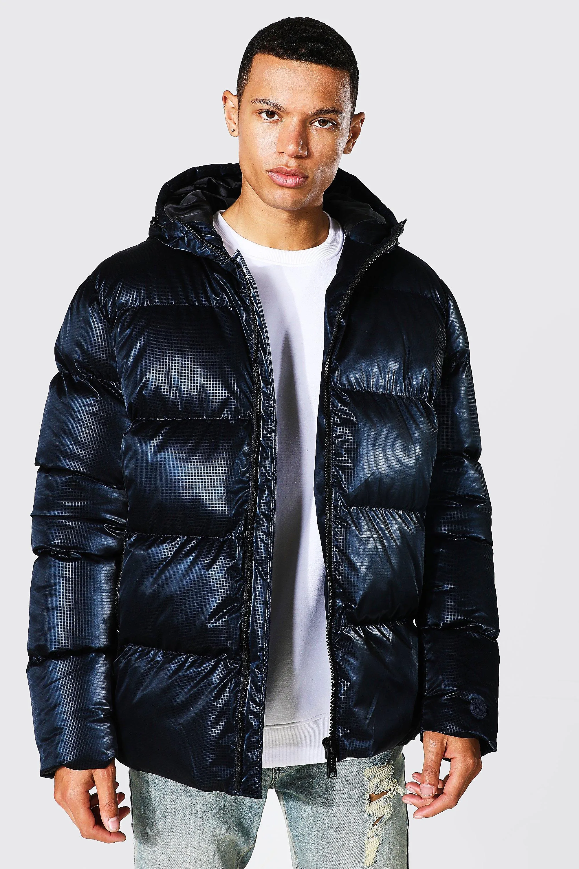 Tall Soft Sheen Ripstop Puffer With Zips | boohooMAN UK