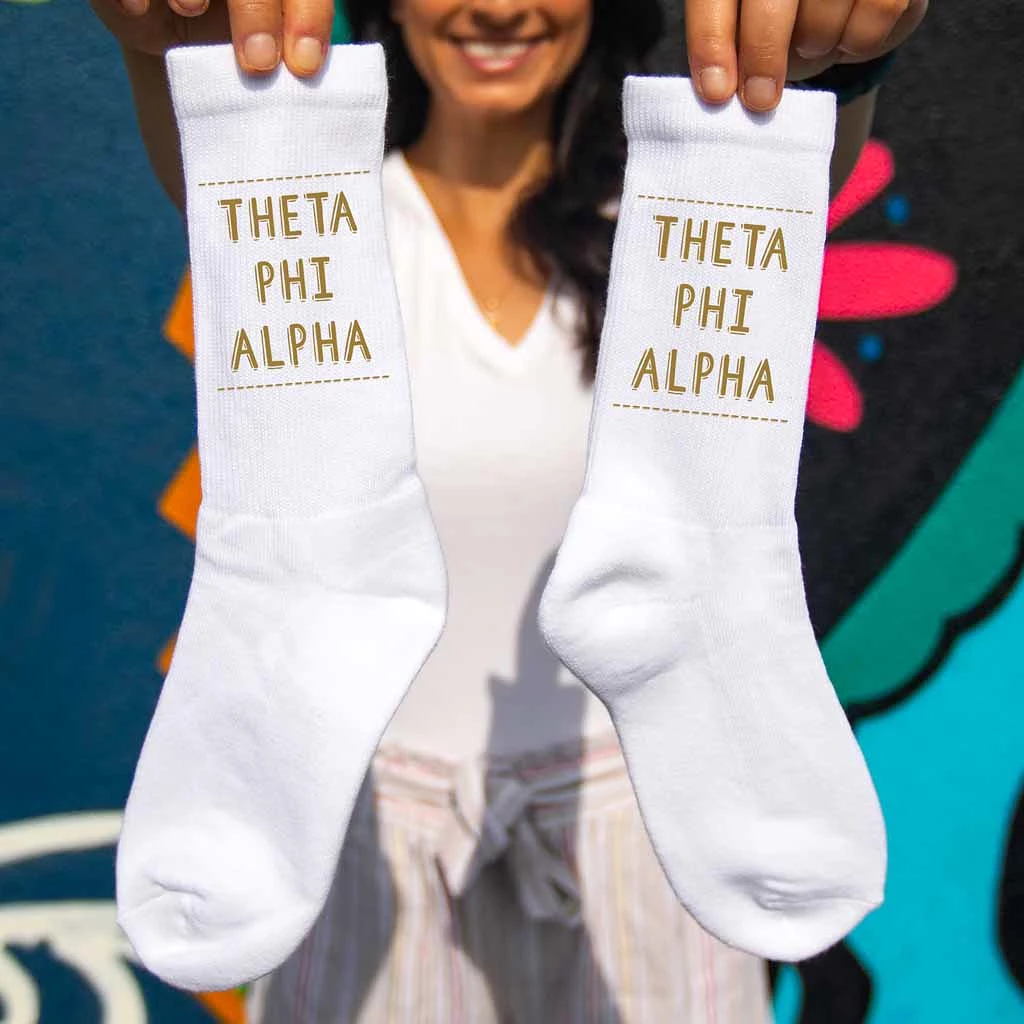 Theta Phi Alpha Crew Socks with Theta Phi Alpha Name in Sorority Colors