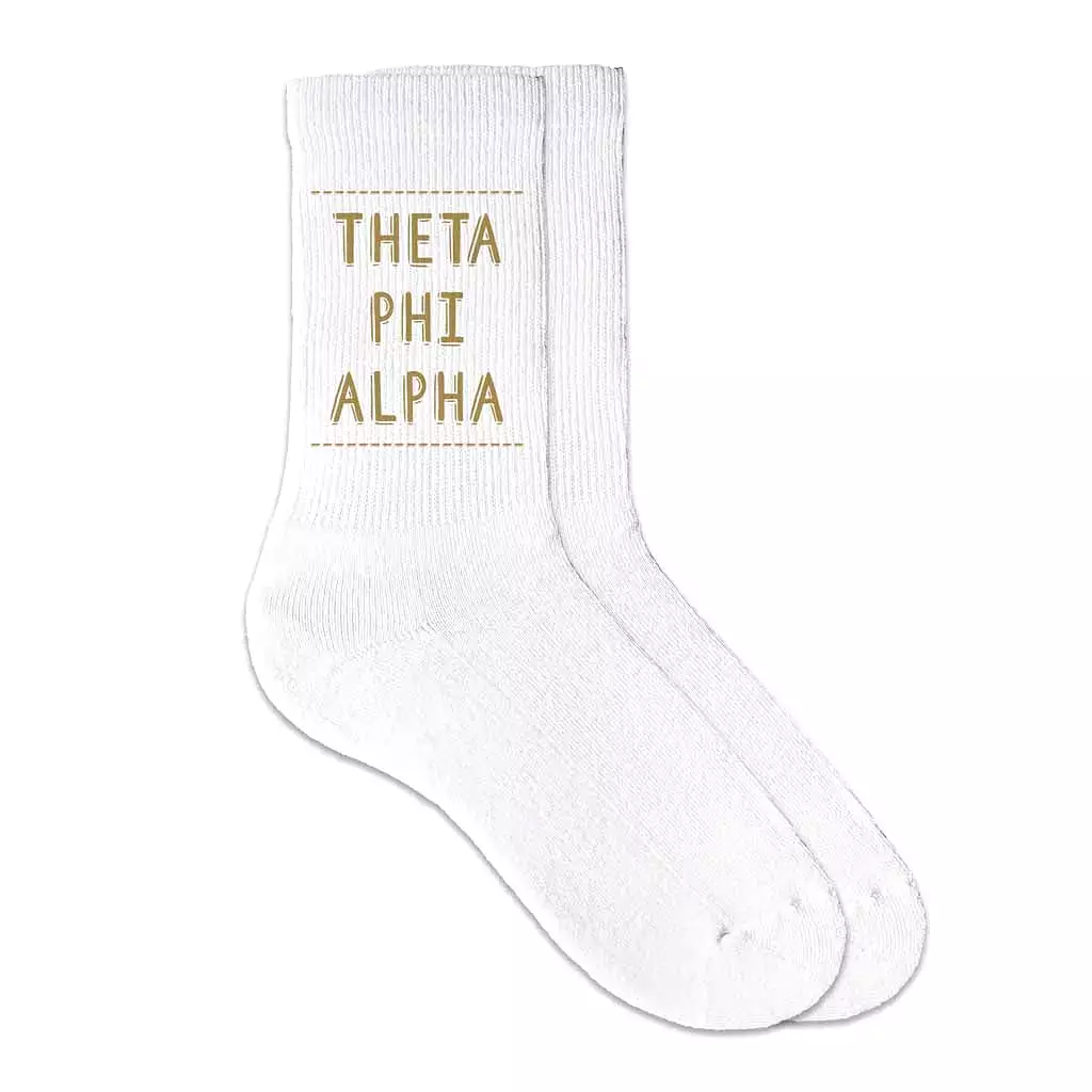 Theta Phi Alpha Crew Socks with Theta Phi Alpha Name in Sorority Colors