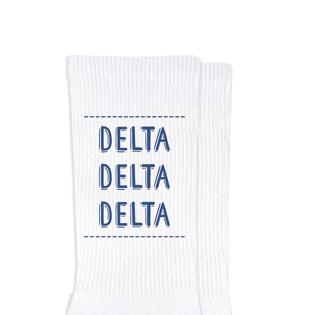 Tri Delta Crew Socks with Delta Delta Delta Name in Sorority Colors