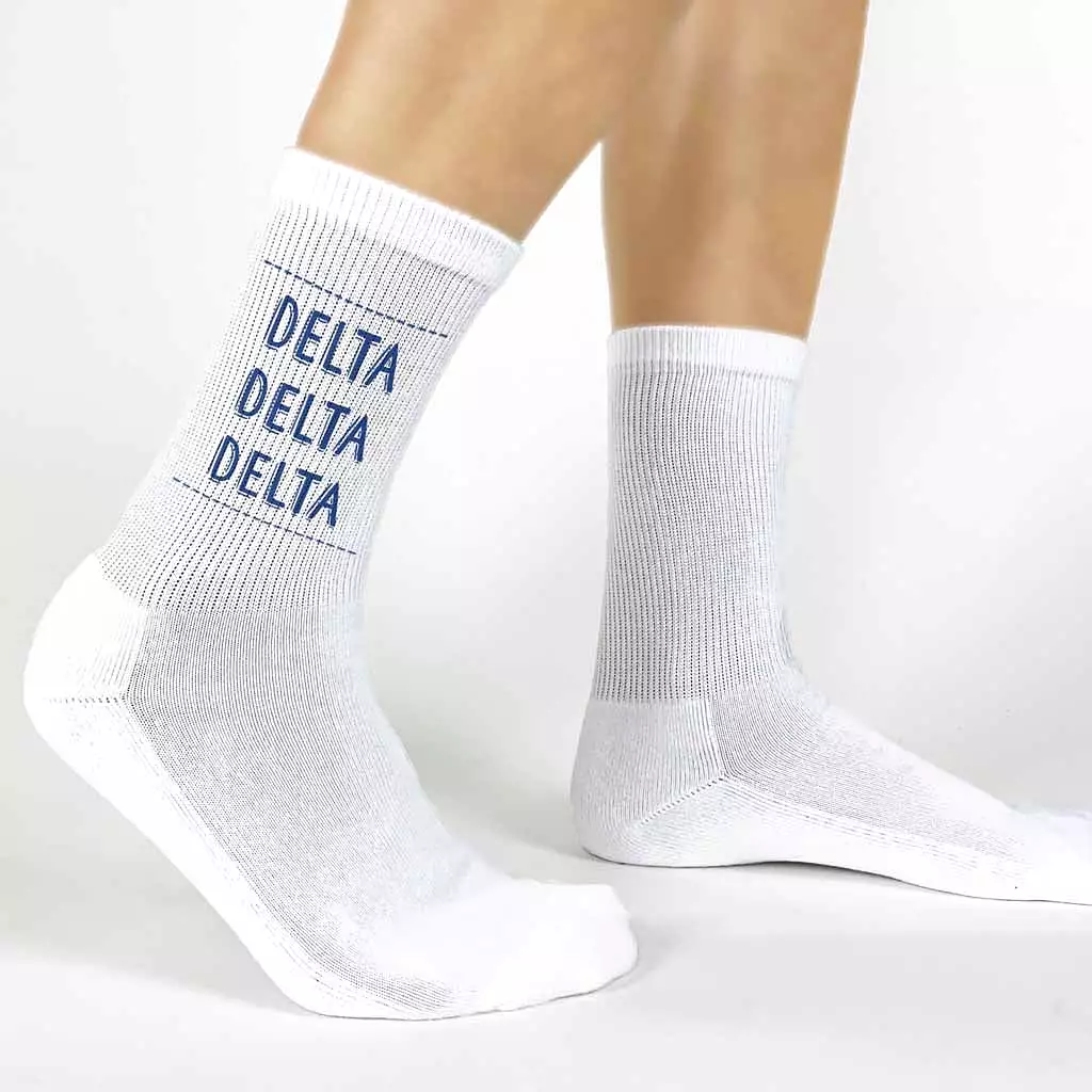 Tri Delta Crew Socks with Delta Delta Delta Name in Sorority Colors