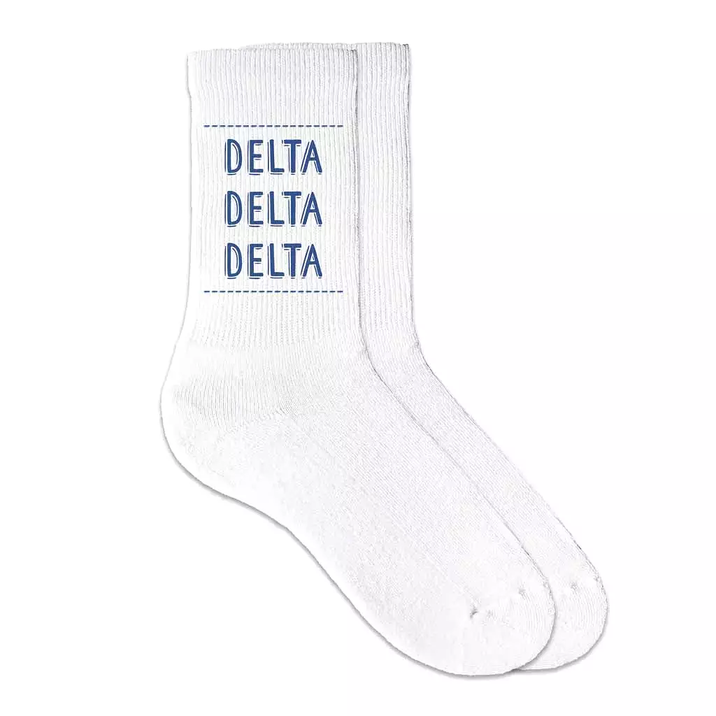 Tri Delta Crew Socks with Delta Delta Delta Name in Sorority Colors