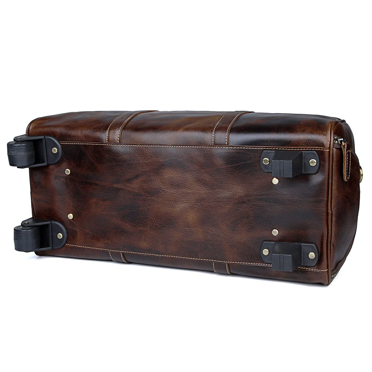 Unisex Retro Genuine Leather Rolling Luggage Duffel Bag with Wheels