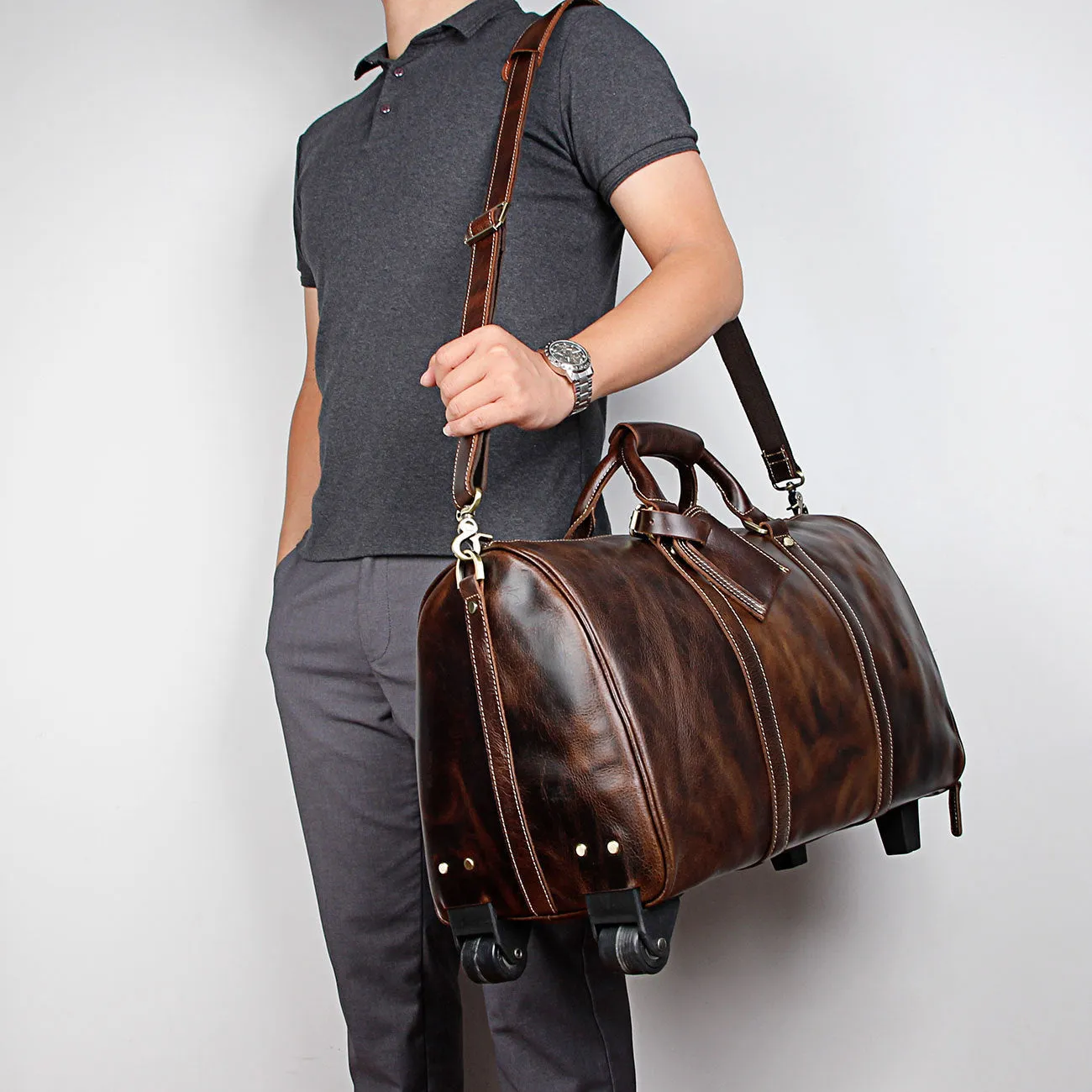 Unisex Retro Genuine Leather Rolling Luggage Duffel Bag with Wheels