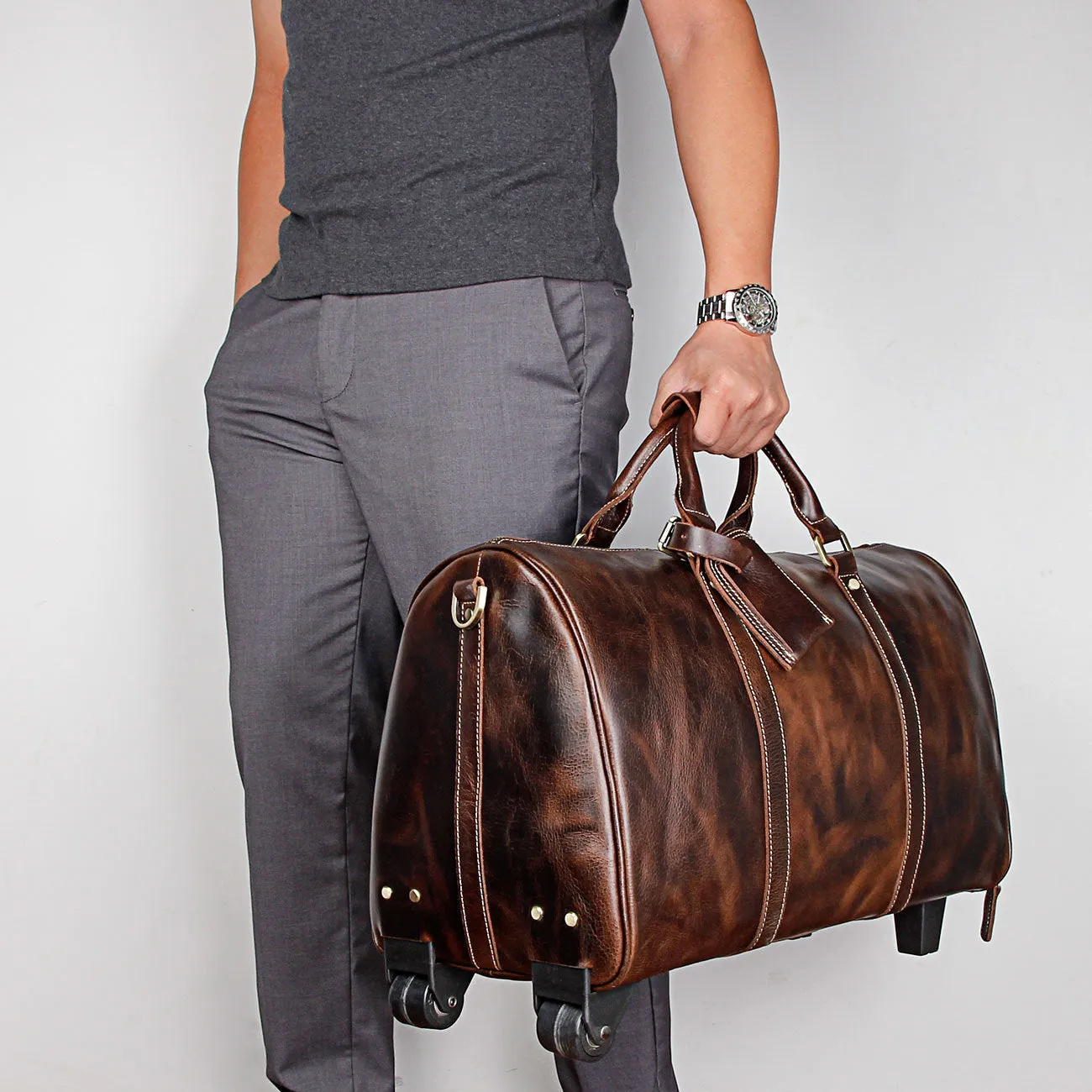 Unisex Retro Genuine Leather Rolling Luggage Duffel Bag with Wheels