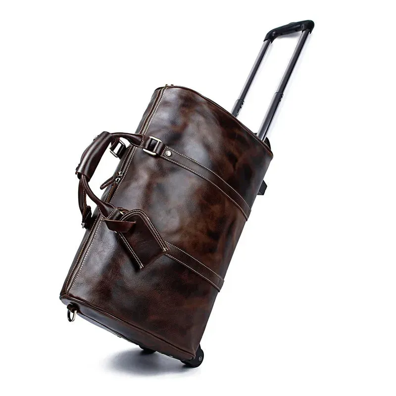 Unisex Retro Genuine Leather Rolling Luggage Duffel Bag with Wheels