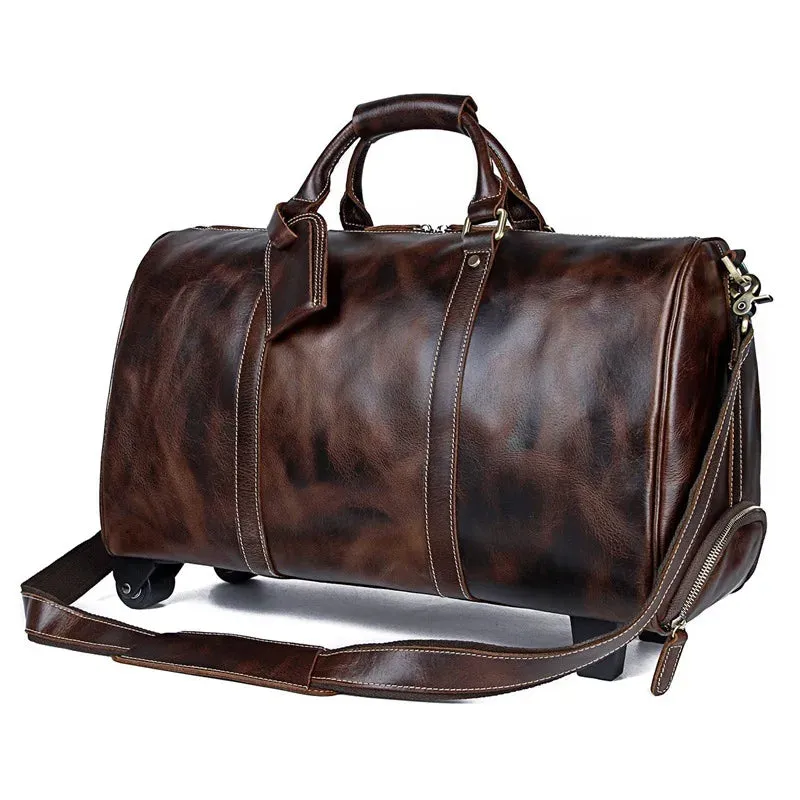 Unisex Retro Genuine Leather Rolling Luggage Duffel Bag with Wheels