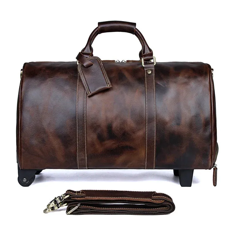 Unisex Retro Genuine Leather Rolling Luggage Duffel Bag with Wheels