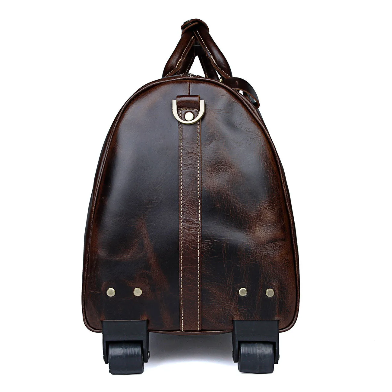 Unisex Retro Genuine Leather Rolling Luggage Duffel Bag with Wheels