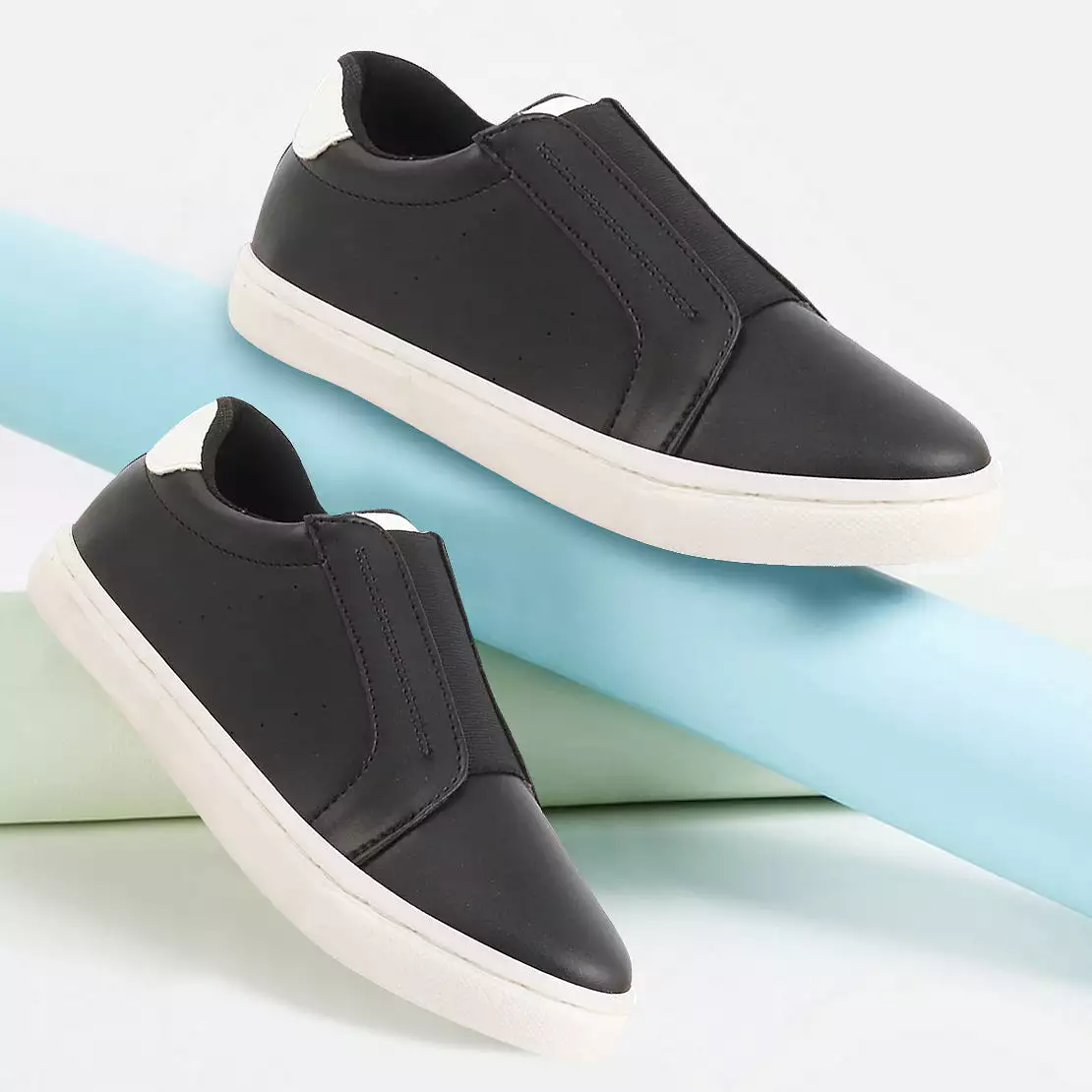 Women Black Elastic Closure Stitched Comfort Slip On Sneaker Shoes