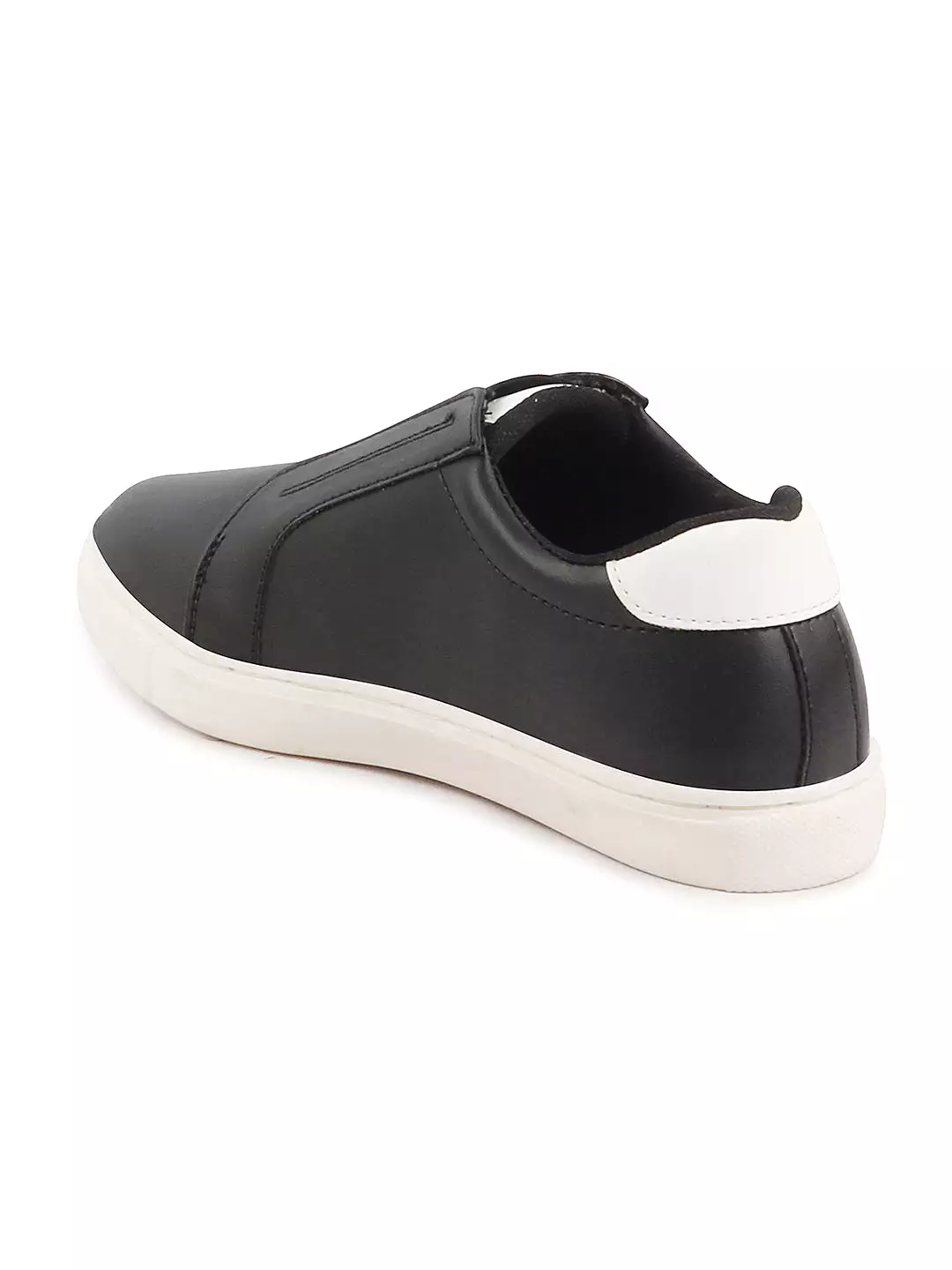 Women Black Elastic Closure Stitched Comfort Slip On Sneaker Shoes