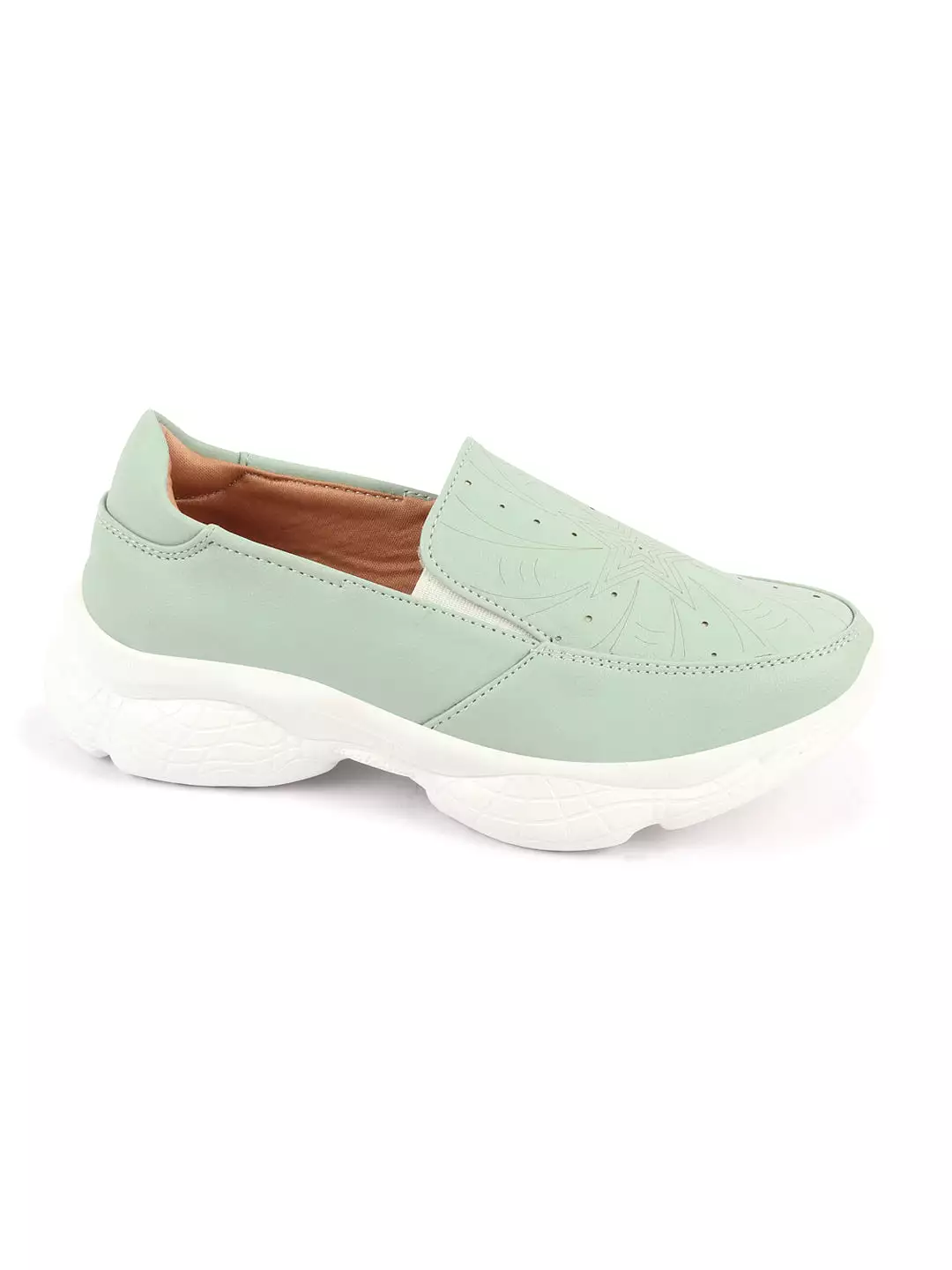 Women Pista Green Printed Design Stitched Comfort Slip On Sneaker Shoes