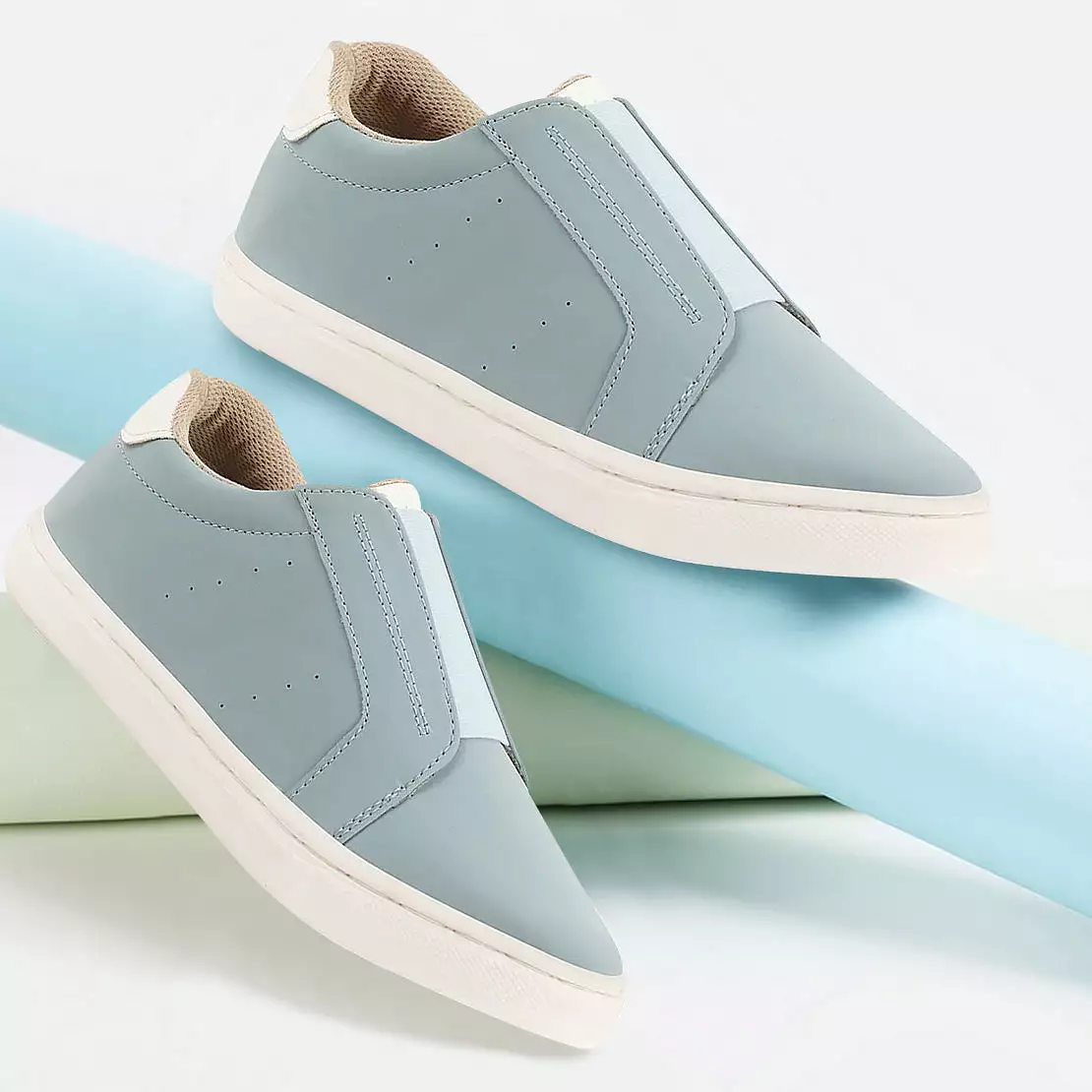 Women Sky Blue Elastic Closure Stitched Comfort Slip On Sneaker Shoes