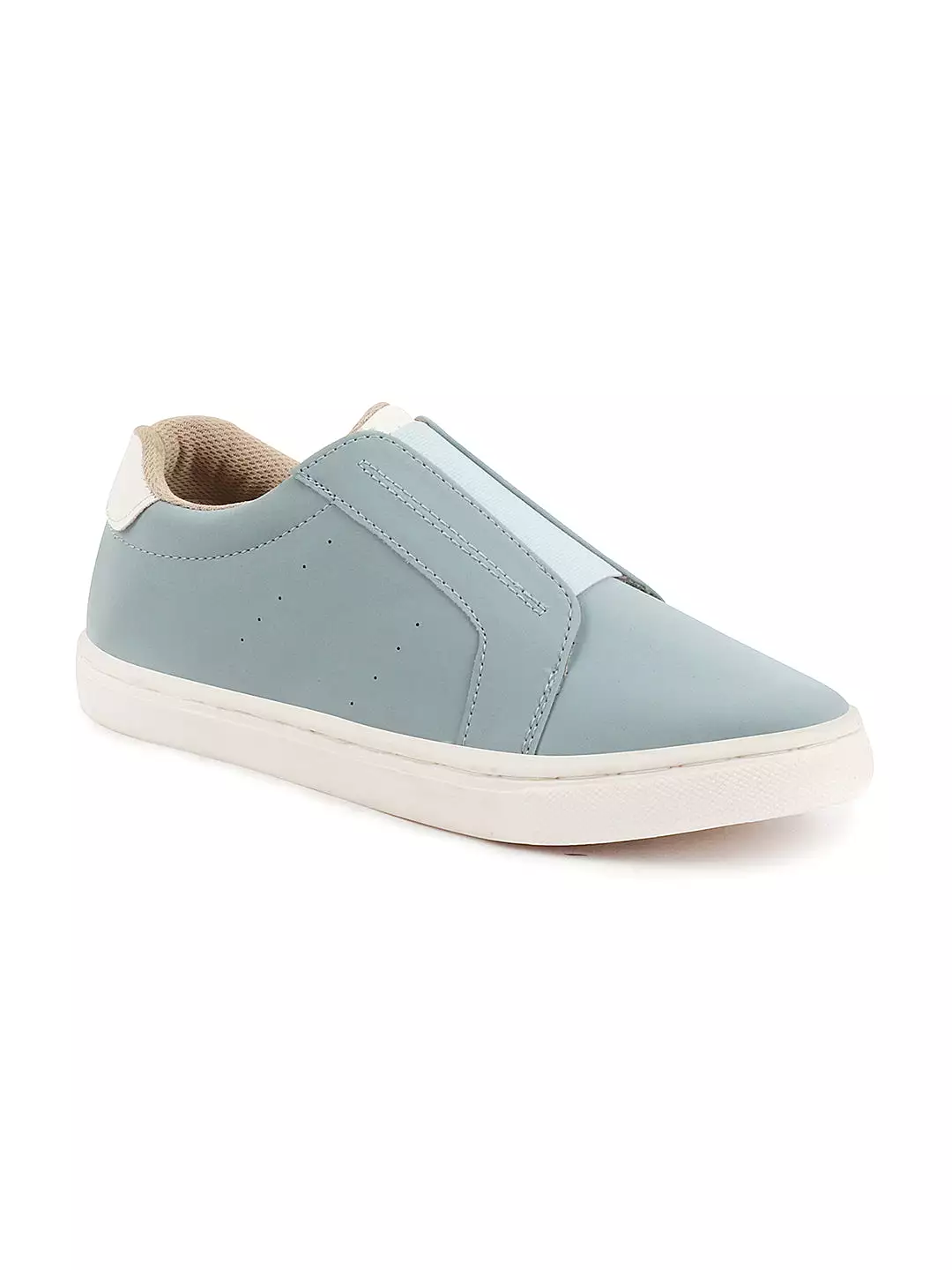 Women Sky Blue Elastic Closure Stitched Comfort Slip On Sneaker Shoes