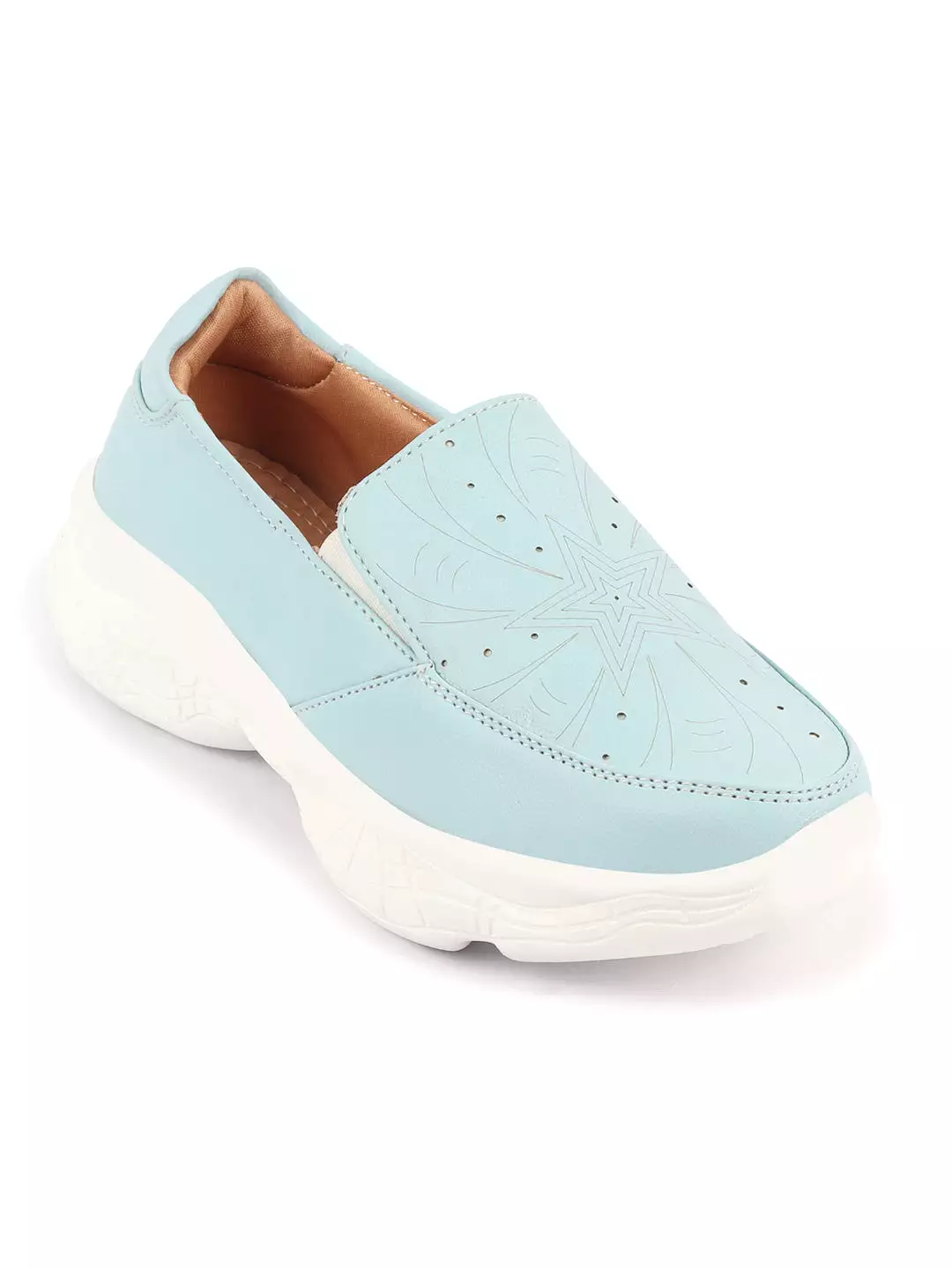 Women Sky Blue Printed Design Stitched Comfort Slip On Sneaker Shoes