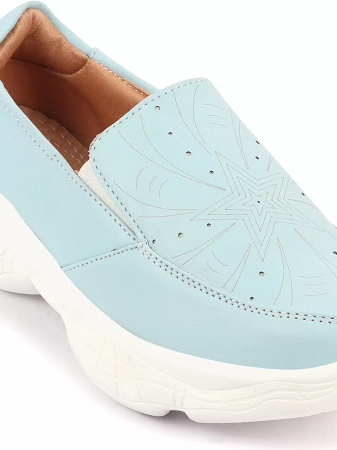 Women Sky Blue Printed Design Stitched Comfort Slip On Sneaker Shoes