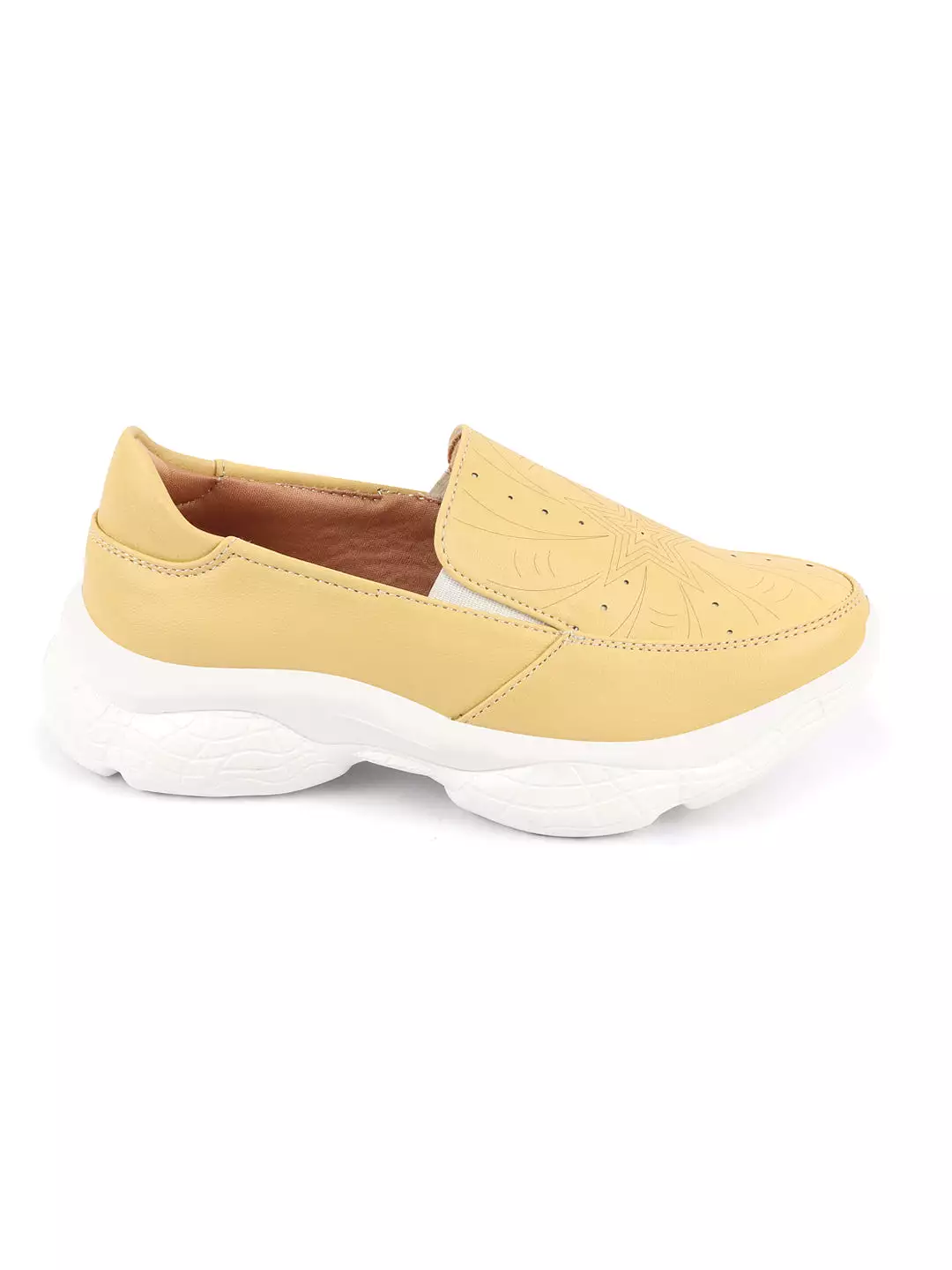 Women Yellow Printed Design Stitched Comfort Slip On Sneaker Shoes