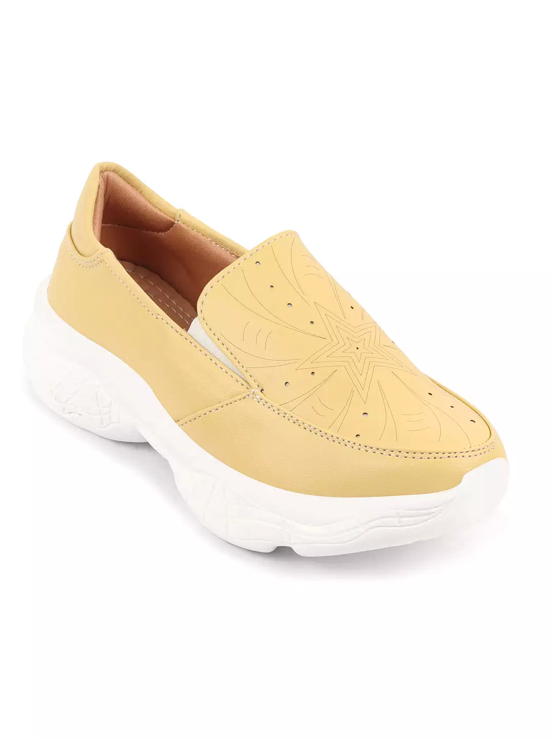 Women Yellow Printed Design Stitched Comfort Slip On Sneaker Shoes