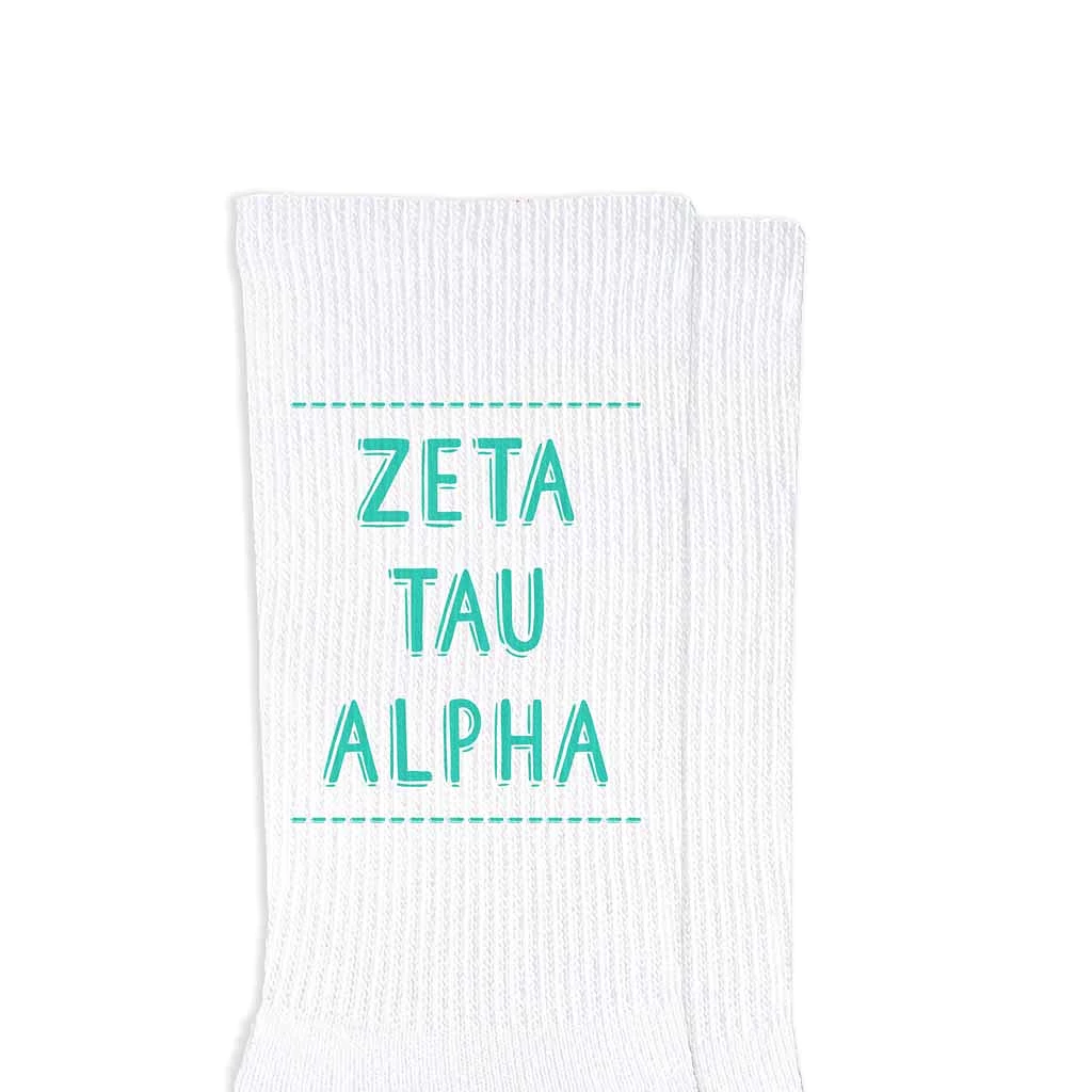 Zeta Tau Alpha Crew Socks with Zeta Tau Alpha Name in Sorority Colors