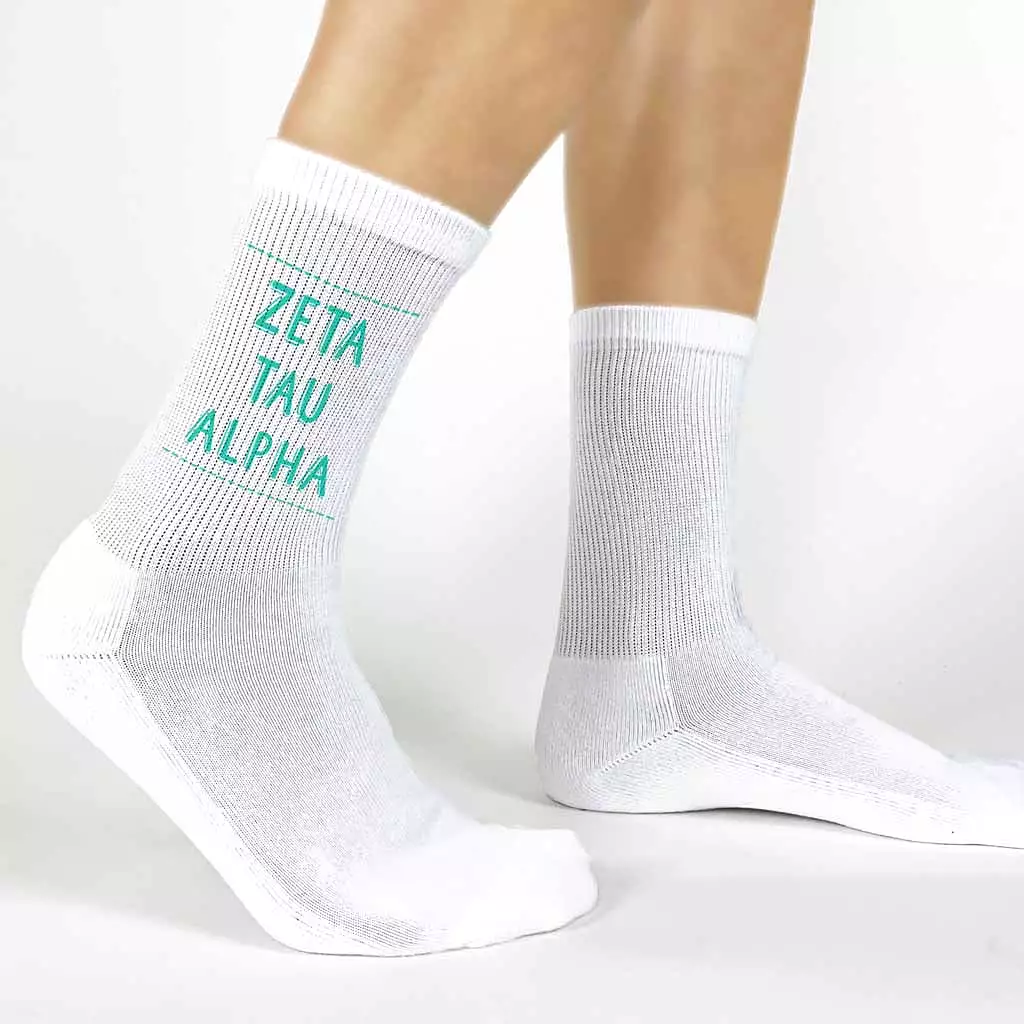 Zeta Tau Alpha Crew Socks with Zeta Tau Alpha Name in Sorority Colors