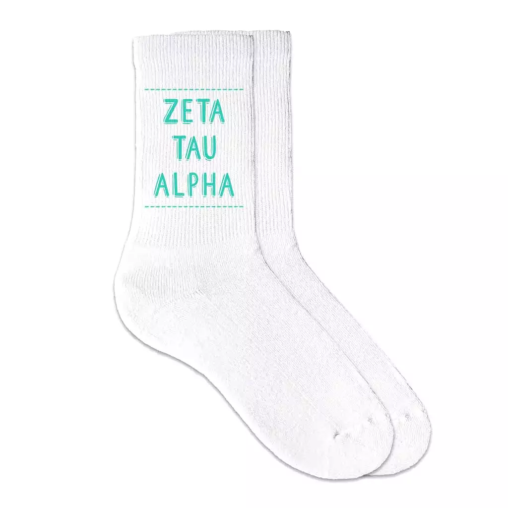 Zeta Tau Alpha Crew Socks with Zeta Tau Alpha Name in Sorority Colors